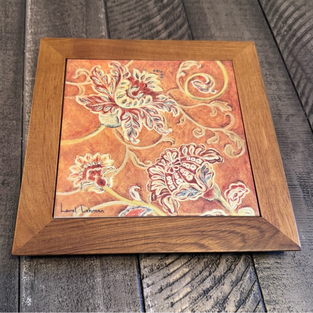 Laurel Lehman Decorative Wooden Framed Tile Trivet Floral‎ Design Wall Hanging